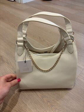 LC Lauren Conrad Cream Faux Leather Shoulder Bag with Chain Detail